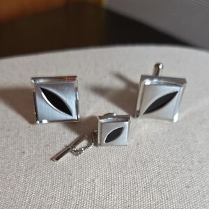 Brushed Chrome Finish With Black Accent Tie-Tac & Cufflinks